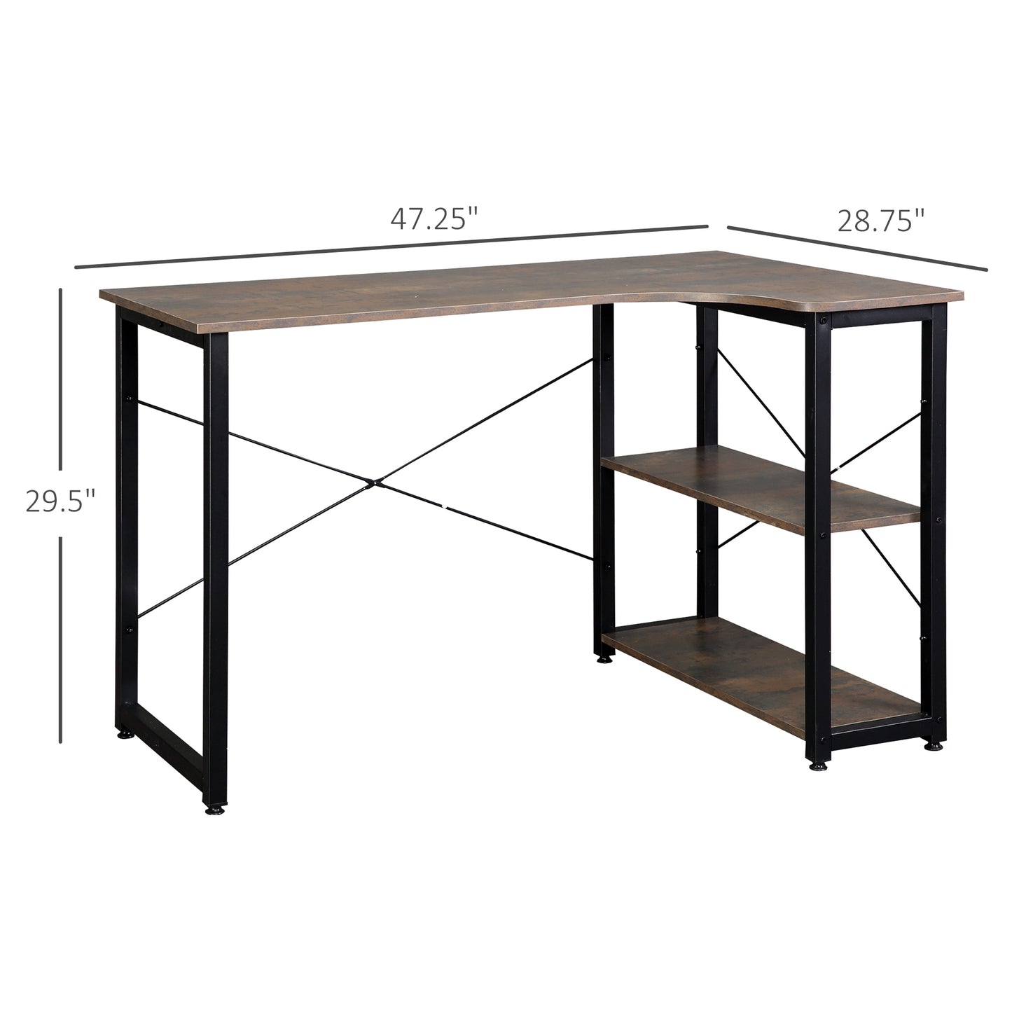 Shaped Computer Desk Home Office Corner Desk Study Workstation Table with 2 Shelves, Steel Frame, Brown