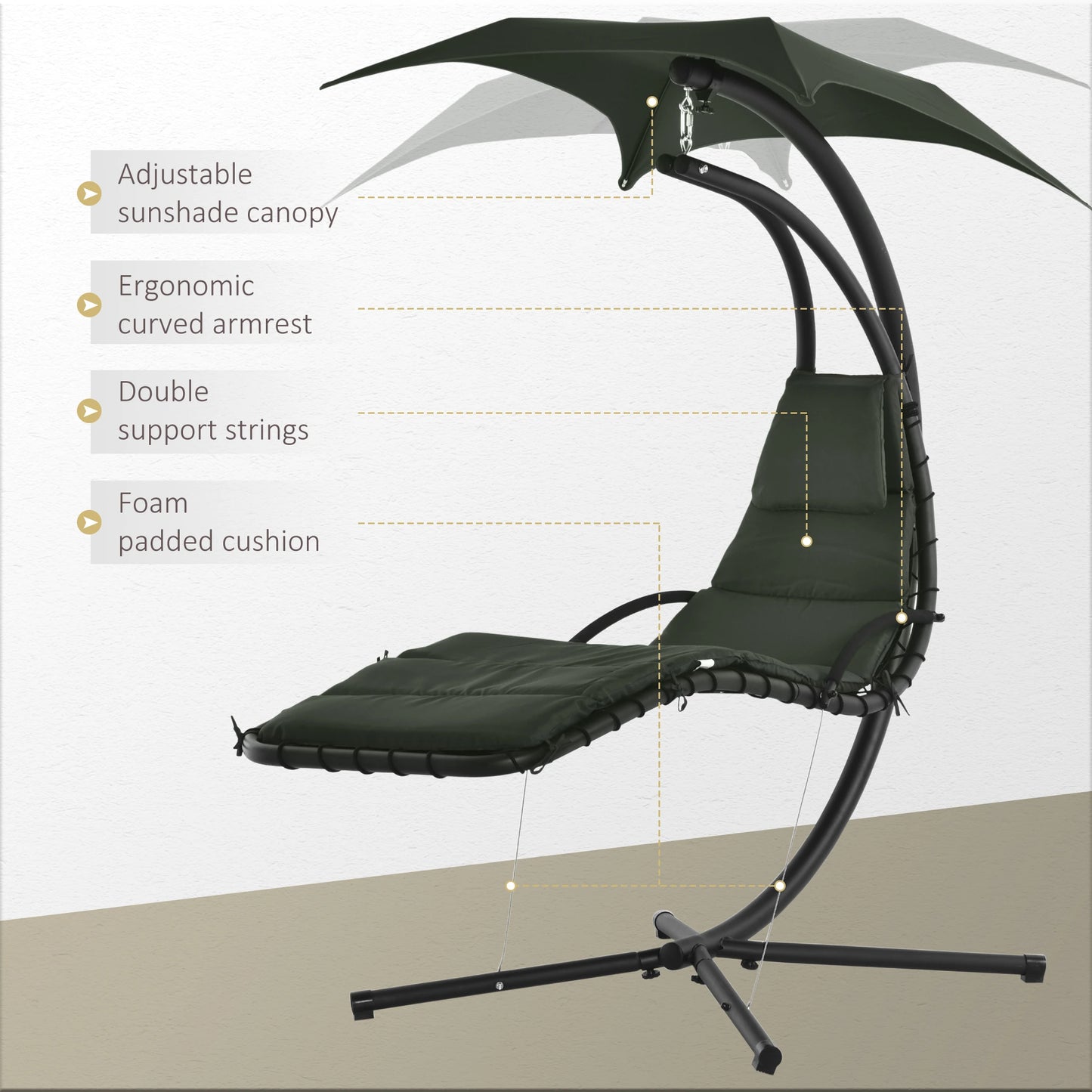 Outsunny Floating Chaise Lounge Outdoor Porch Swing Chair Hanging Hammock Reclining Seat with Arc Stand and Canopy, Charcoal Grey