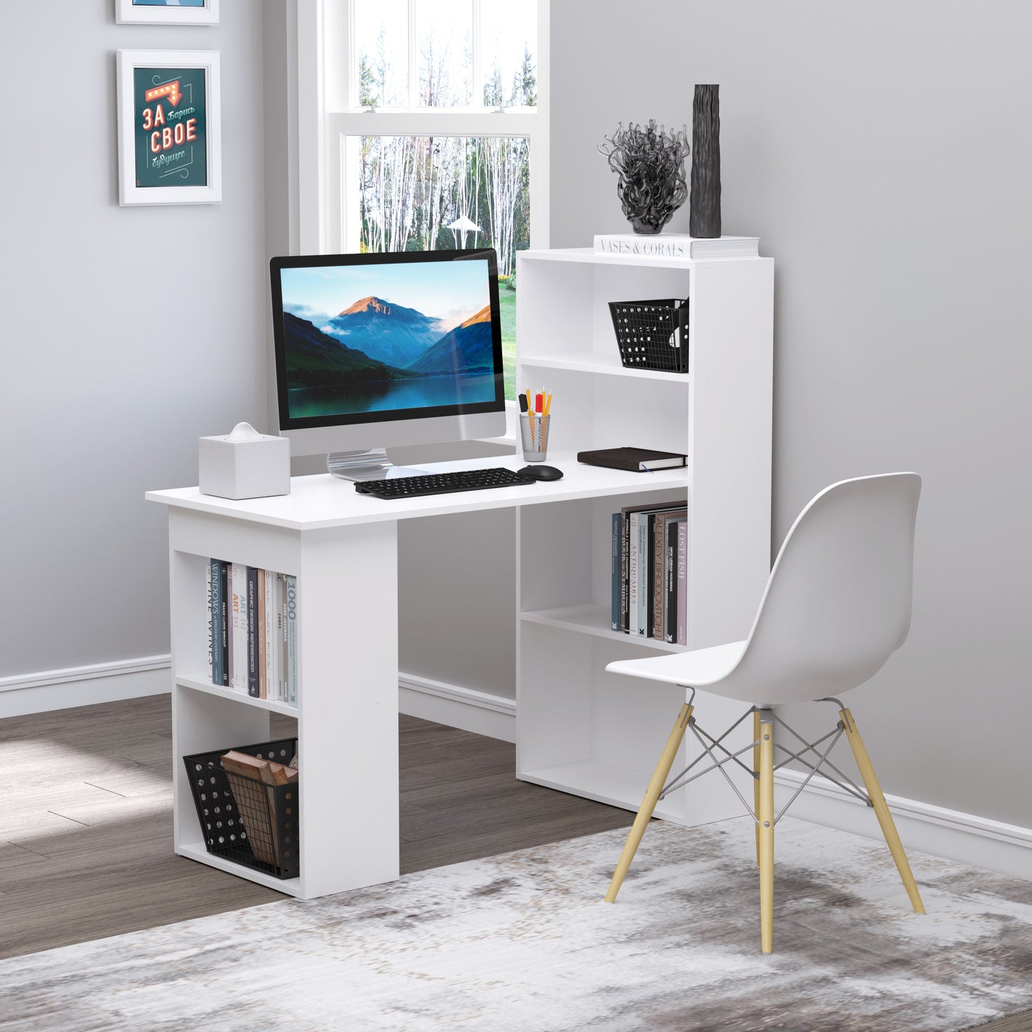 odern Compact Computer Desk with 6-Tier Storage Shelves Combo, Writing Table Workstation with Bookshelf for Home Office, White