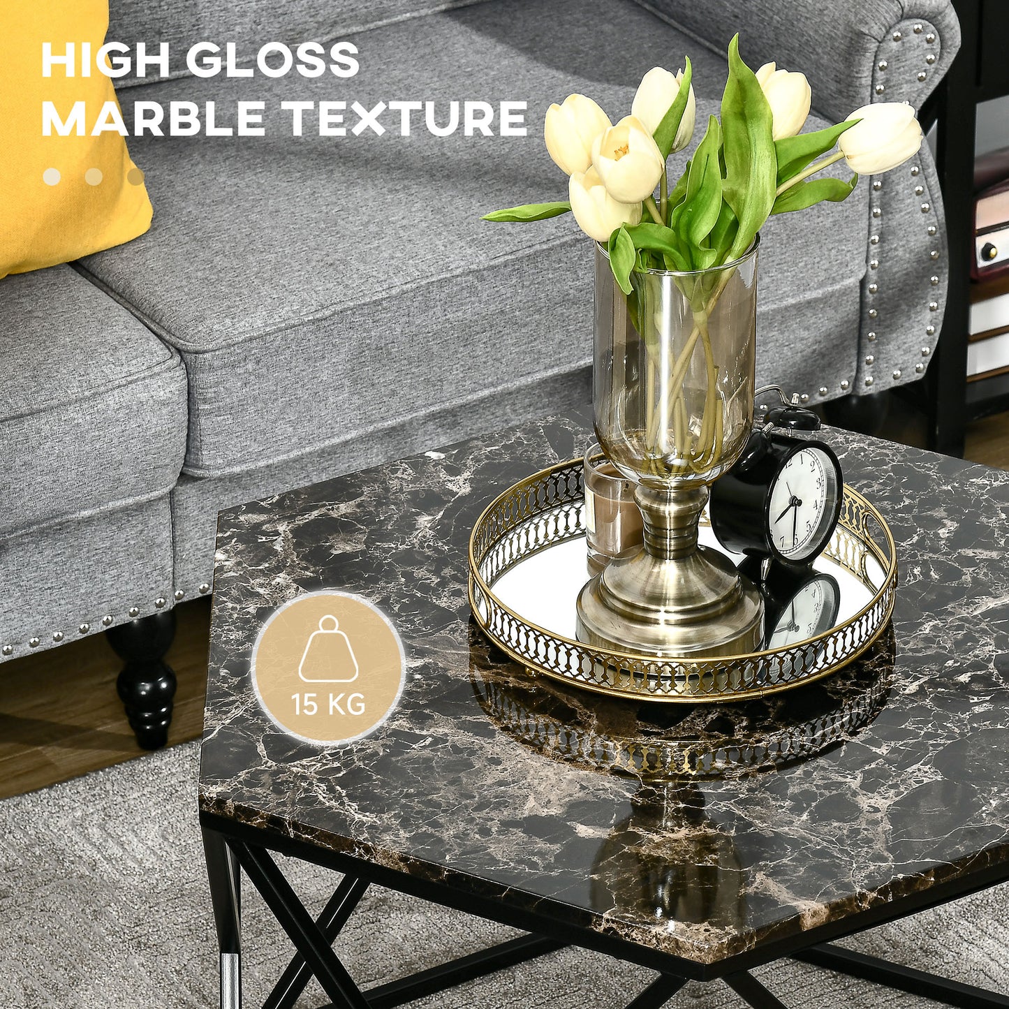 Coffee Table with High Gloss Marble Tabletop, Modern Cocktail Table with Steel Frame for Living Room, Black