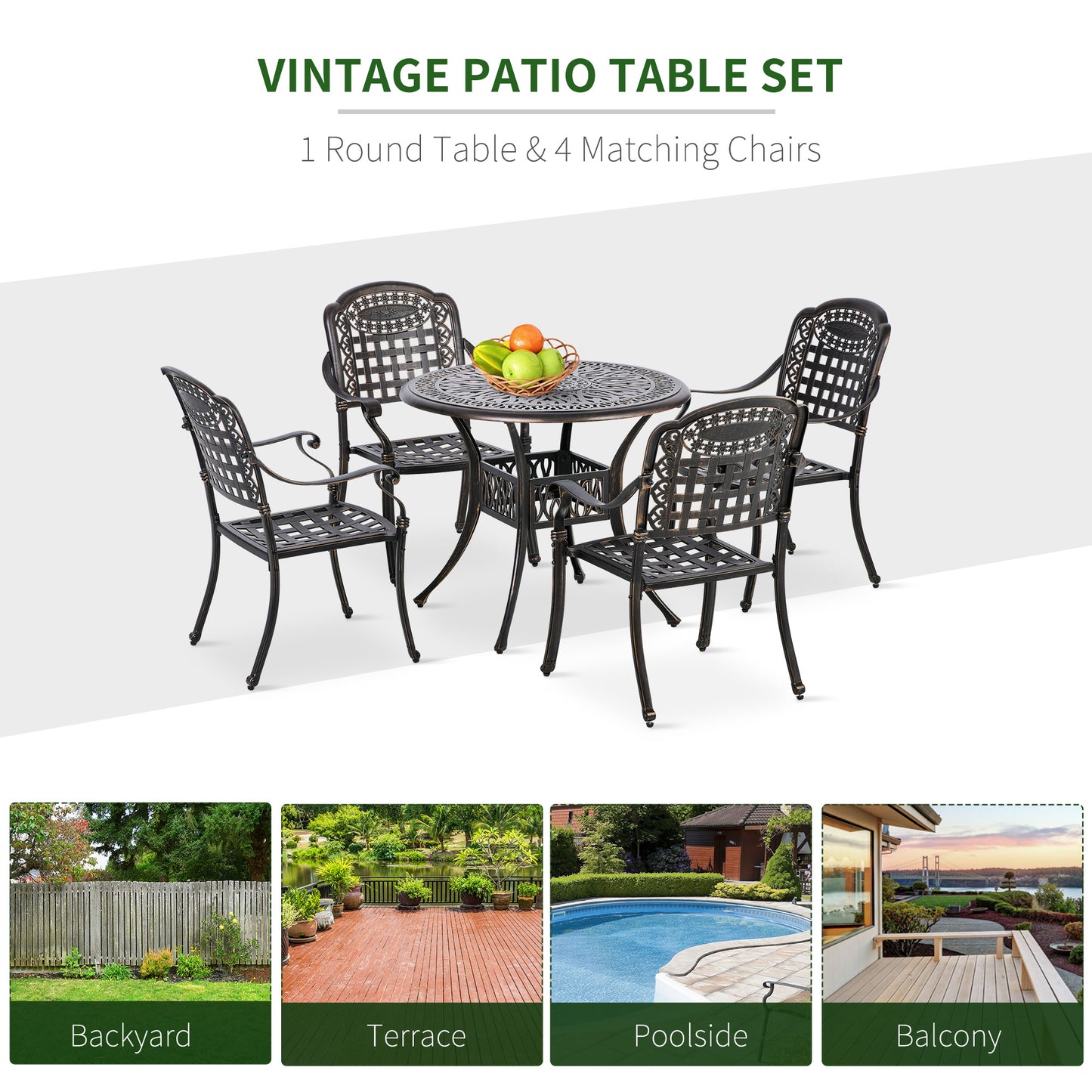 Outsunny 5-Piece Outdoor Patio Dining Set with 4 Armchairs & 1 Table with Umbrella Hole Cast Aluminium