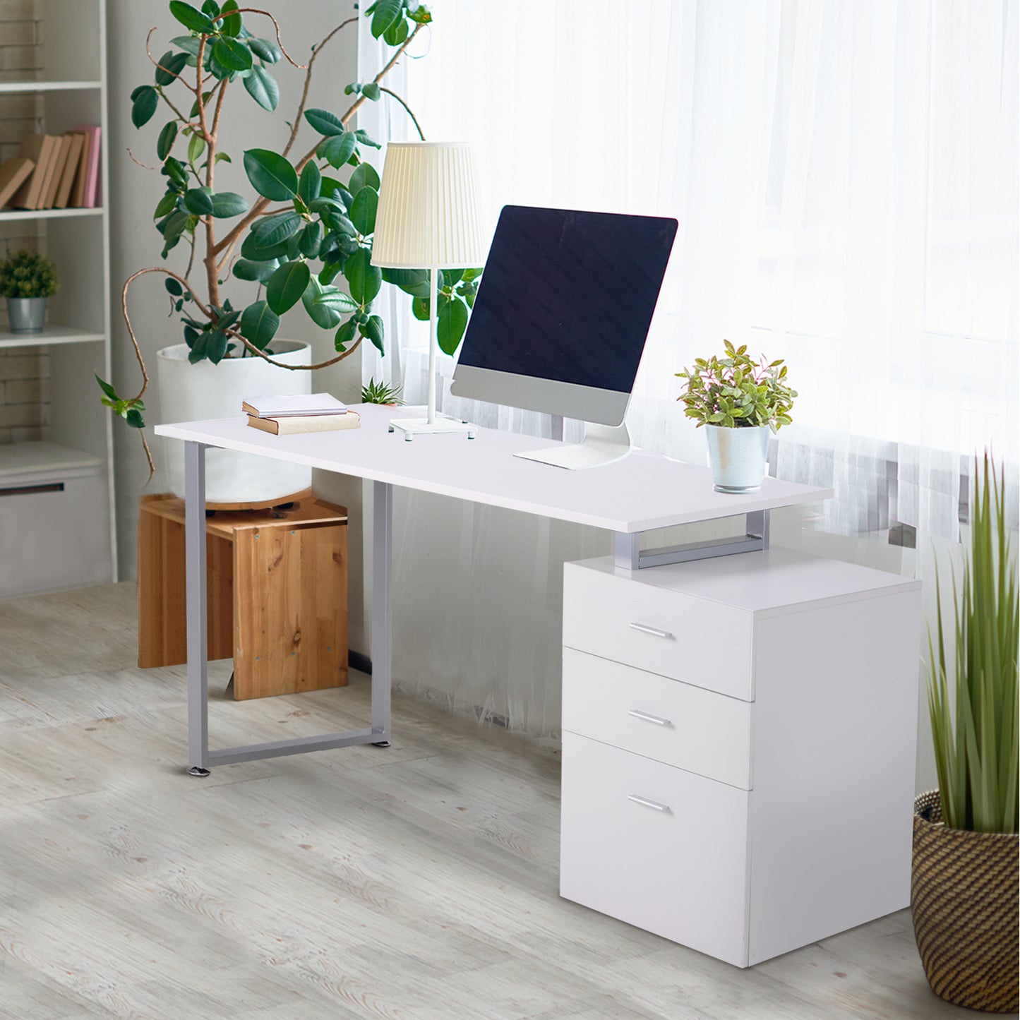 Industrial Style Office Desk Computer Desk with Multi-Use Removable File Drawers White