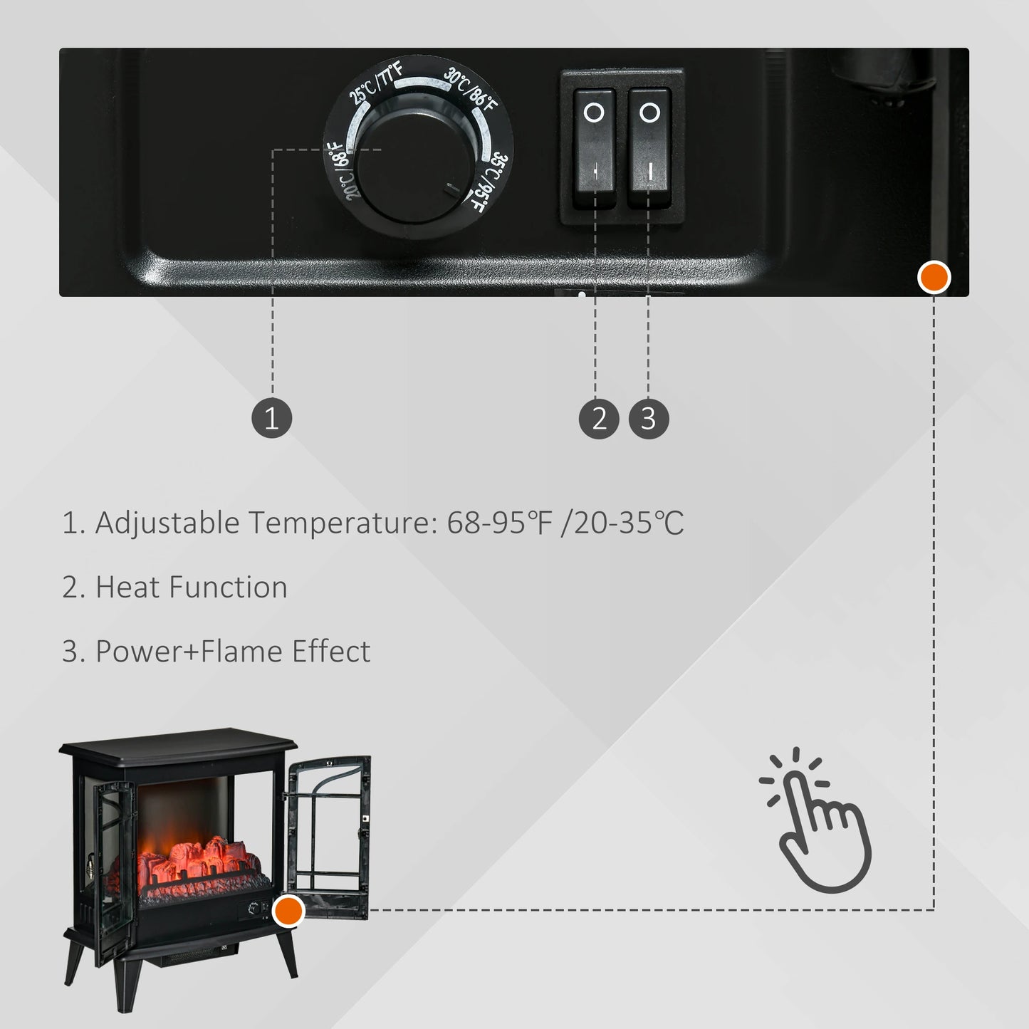 Electric Fireplace Stove, Freestanding Indoor Heater with Realistic Flame Effect, Adjustable Temperature and Overheat Protection, Black