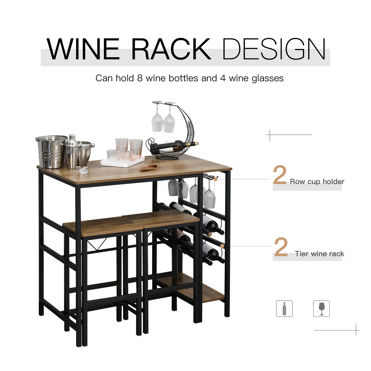 3 Pieces Bar Bistro Set with Metal Frame Wine Rack and Cup Holder Home Pub