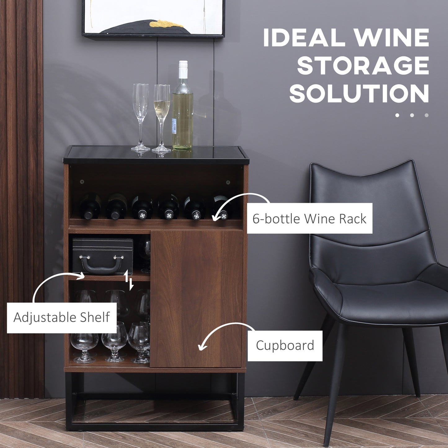 Industrial Wine Rack Cabinet for 6 Bottles, Liquor Cabinet with Sliding Door, Tempered Glass Top, Adjustable Shelf for Home Bar, Dining Room, Walnut