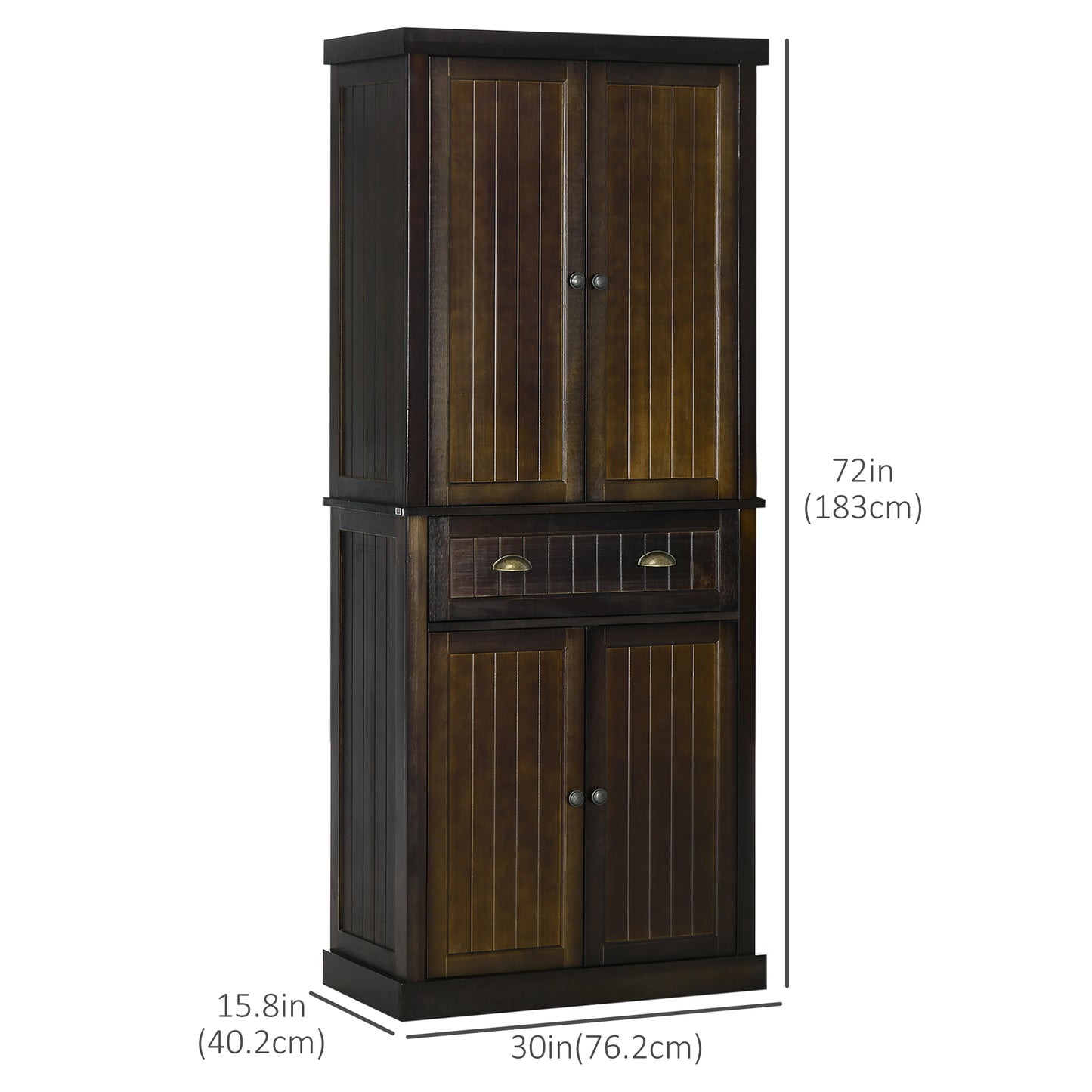 72" Wood Kitchen Pantry Cabinet, Farmhouse Storage Organizer with Drawer and 2 Adjustable Shelves, Soft Close, Coffee Brown