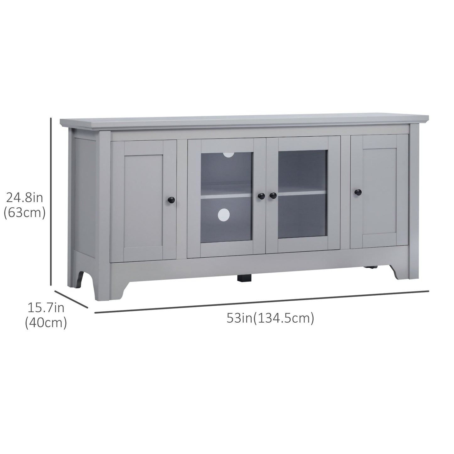 Modern TV Cabinet for TVs up to 60", TV Stand with Glass Door Cabinets and Adjustable Shelf, Media Console with Cupboards Cable Holes, Grey