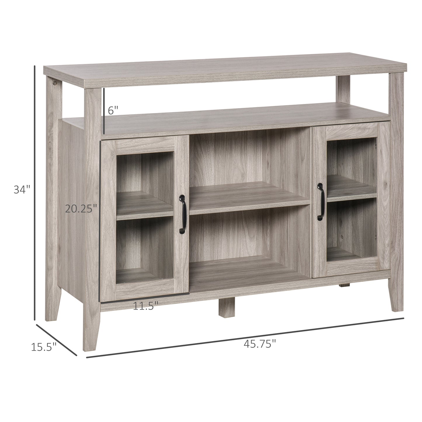 Rustic Style Sideboard Serving Buffet Storage Cabinet Cupboard with Glass Doors and Adjustable Shelves for Kitchen & Dining Area, Grey