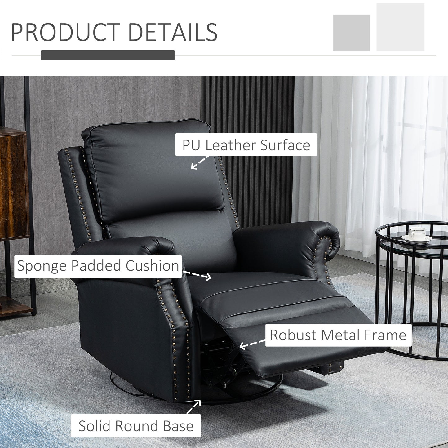 Manual Recliner Chair 360° Swivel Rocking Armchair Sofa with PU Leather Padded Cushion and Backrest for Living Room Black