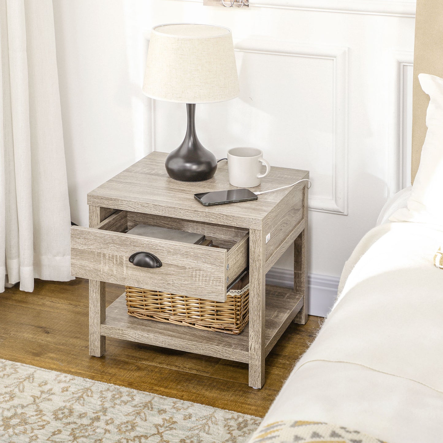 Bedside Table, Side End Table with Charging Station, Drawer and Shelf for Bedroom, 17.7" x 15.7" x 18.1", Oak Tone