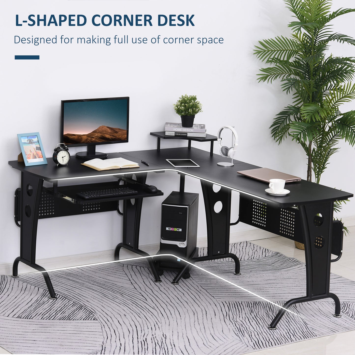 L-Shaped Computer Desk for PC, Corner Table for Small Spaces with Elevated Shelf, Keyboard Tray, CPU Stand, Home Office