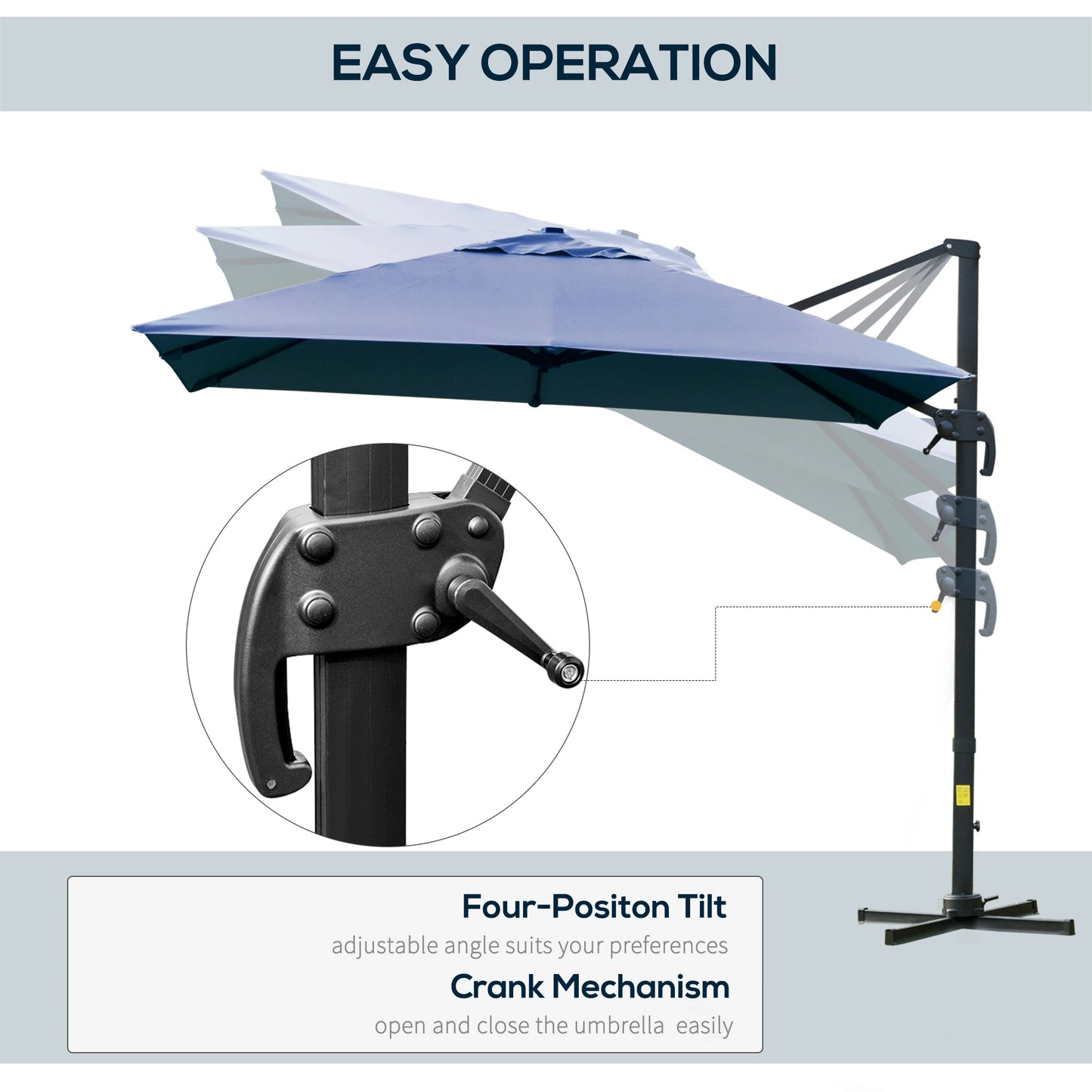 Outsunny 10x10ft Cantilever Umbrella Rotatable Square Top Market Parasol with 4 Adjustable Angle for Backyard Patio Outdoor Area