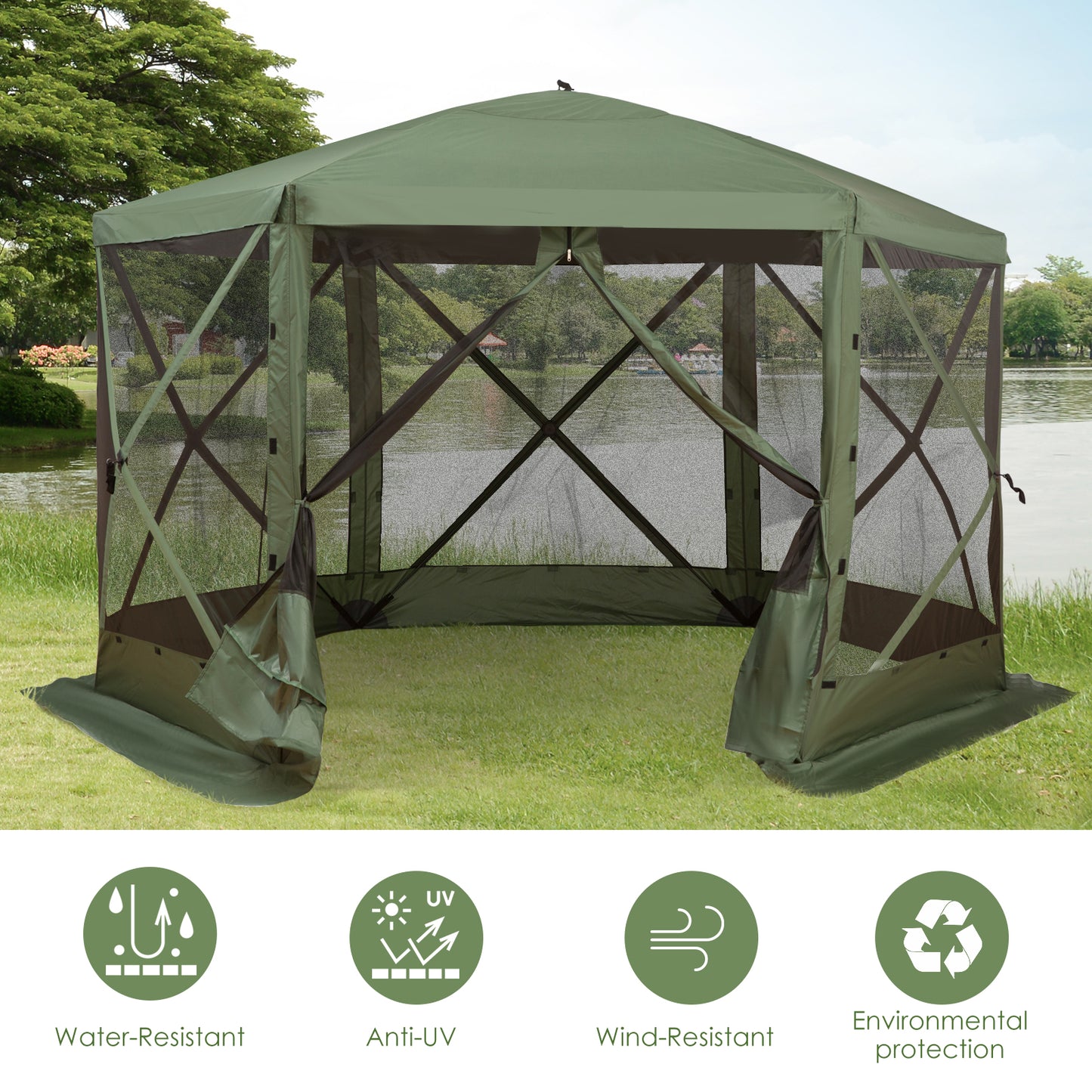 Outsunny 12' x 12' Hexagon Automatic Pop Up Screen Tents Camping Shelter Picnic Canopy Outdoor Sun Shade with Mesh Sidewalls and Carry Bag, Green