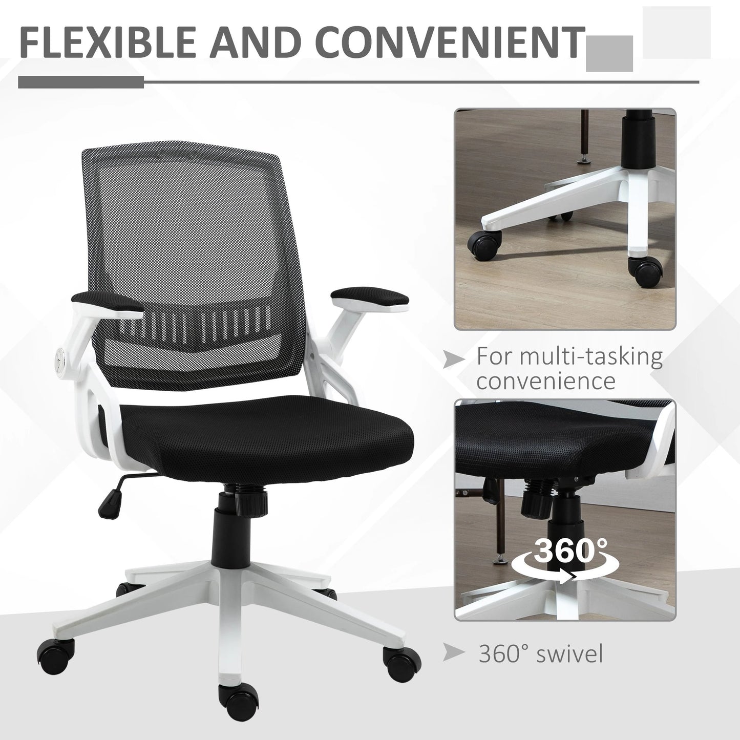 Mesh Office Chair Swivel Task Desk Office Chair with Lumbar Back Support, Adjustable Height, Flip-Up Arm, Black