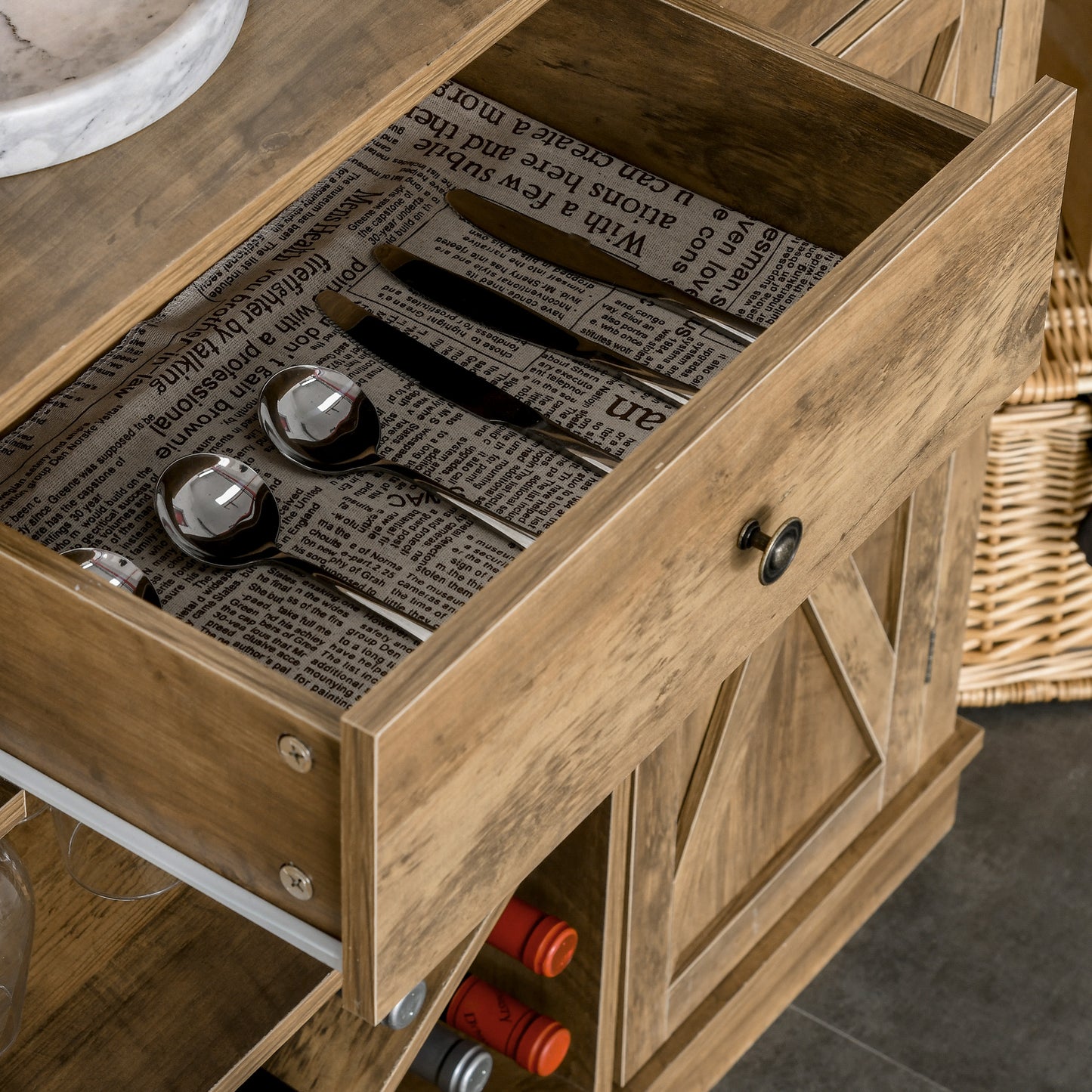 Farmhouse Sideboard Buffet Table Storage Cabinet with 3 Drawers, X-Shaped Wine Rack, Steamware Holder and Cabinets