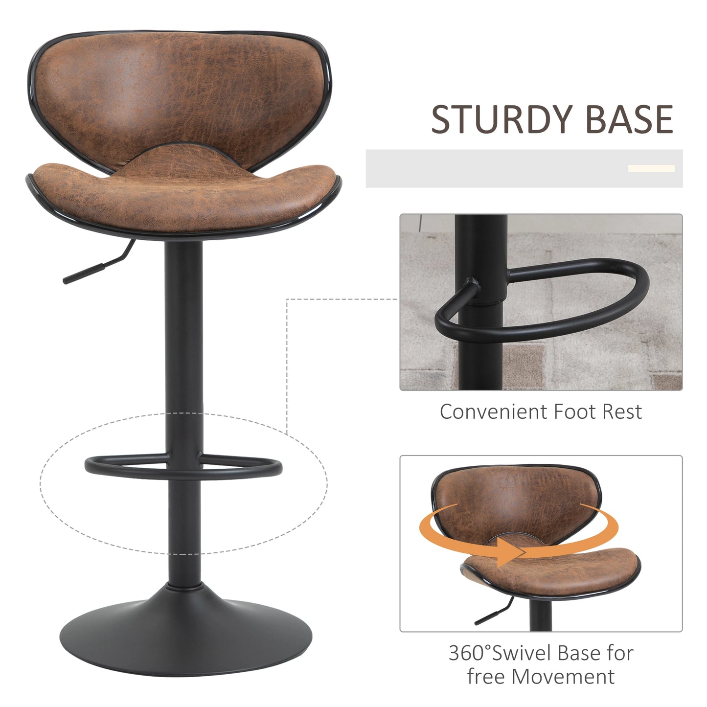 Vintage Bar Stool Set of 2 Faux Leather Adjustable Height Armless Chairs with Swivel Seat, Brown