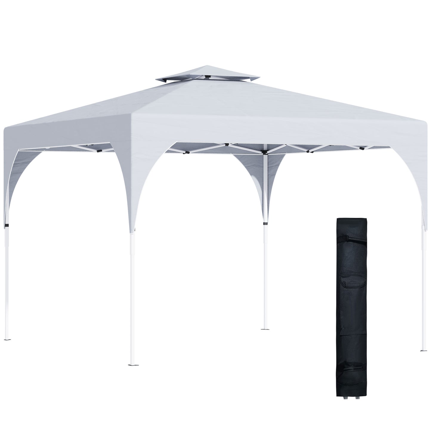 Outsunny 10'x10' Easy Pop-Up Party Tent 2 Tire Top Outdoor Gazebo Canopy Sun Shade Fair Event Instant Shelter Vented Roof w/ Carrying Bag White