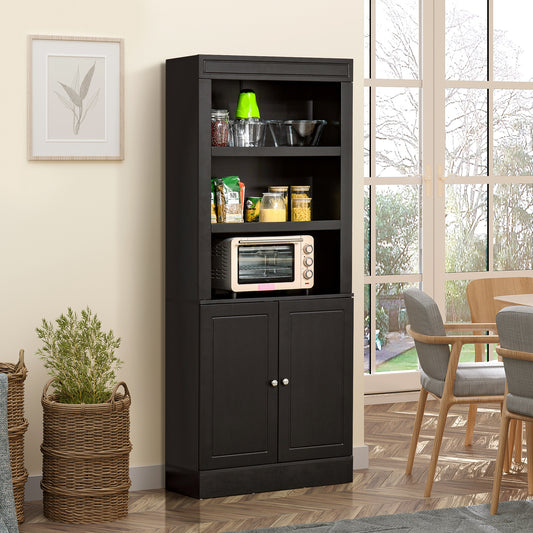 72" Kitchen Buffet with Hutch, Freestanding Cupboard, Pantry with 6-Tier Shelving, 2 Doors Cabinet with Adjustable Shelves, Black, Wood Grain