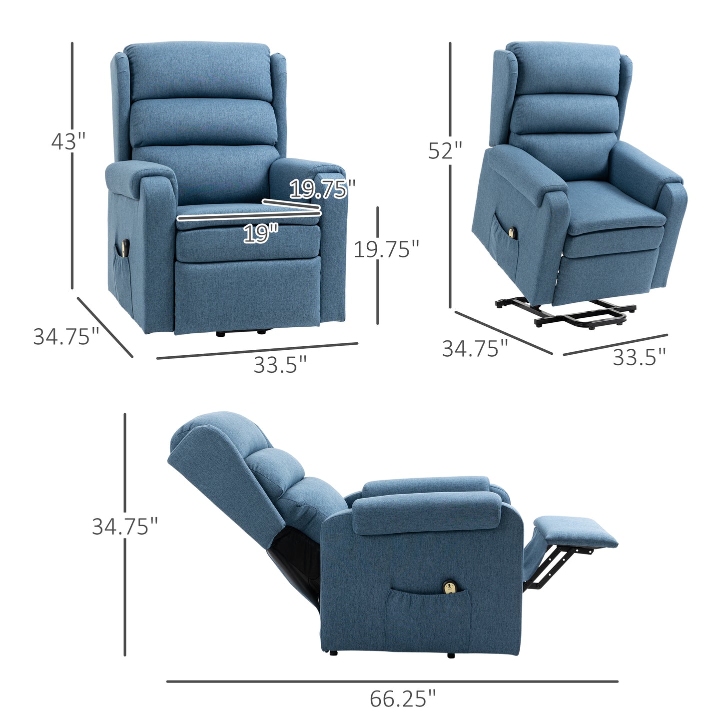 Electric Power Lift Recliner Chair for Elderly with Remote Control and Footrest, Linen Fabric Reclining Chair for Living Room, Blue