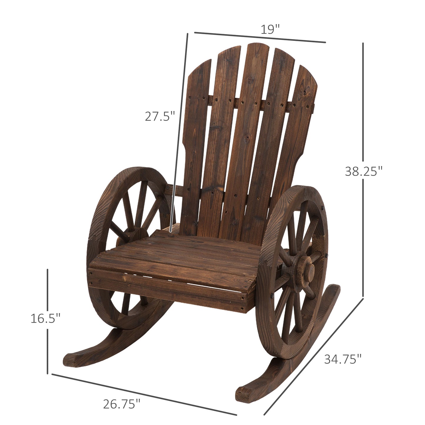 Outsunny Outdoor Adirondack Rocking Chair with Slatted Design and Oversize Back for Porch, Poolside, or Garden Lounging, Rustic Brown