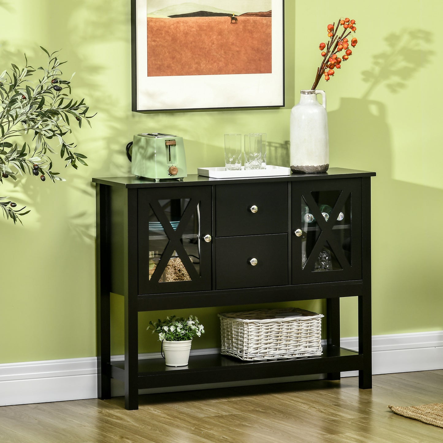 Modern Sideboard, Glass Door Buffet Cabinet with Storage Drawers, and Adjustable Shelves, Console Table for Living Room, Kitchen, Entryway, Black