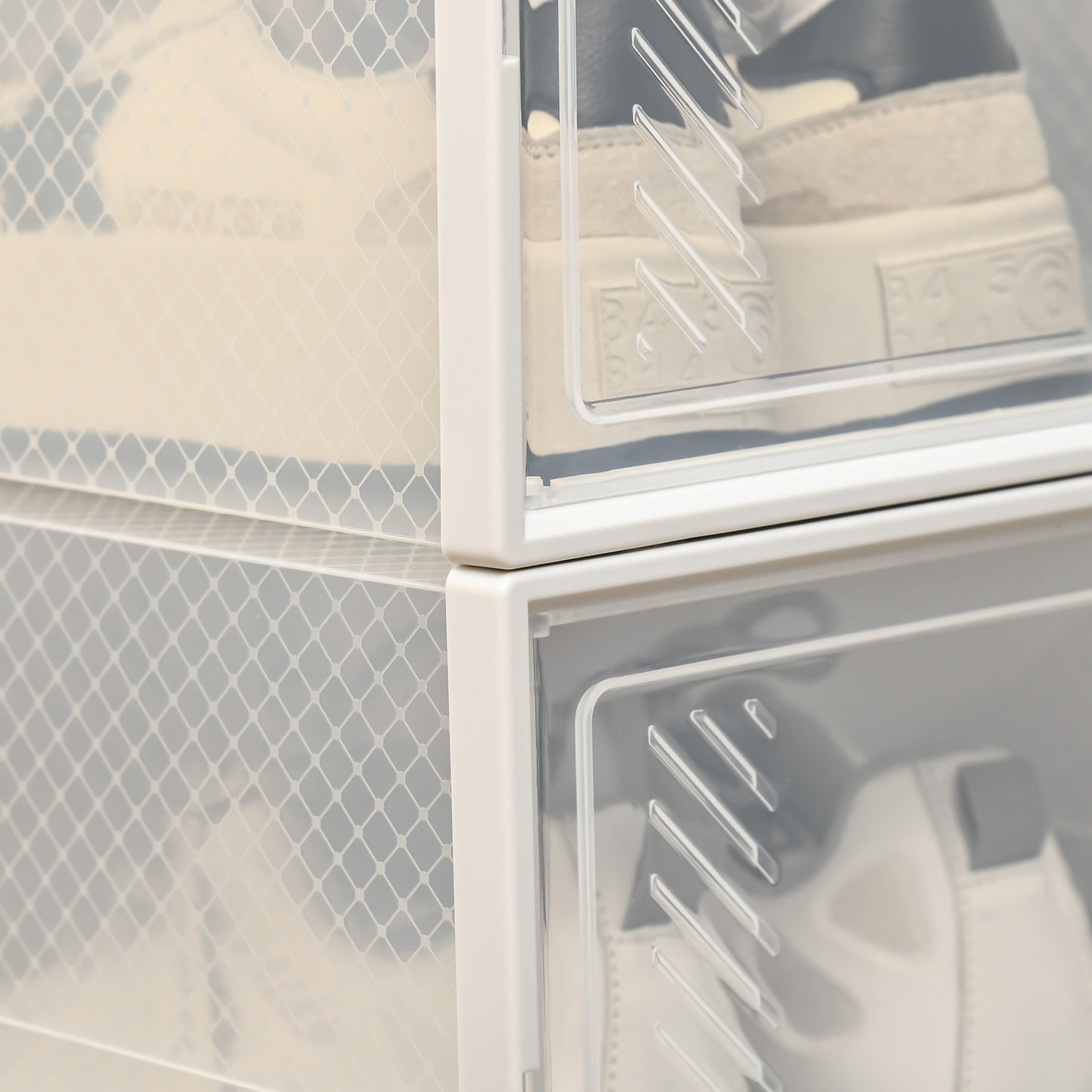 18-Cube Stackable Shoe Storage Organizer, Modular Shoe Cabinet, Ideal for Entryway, Hallway, Closet, 9.75 x 13.75 x 7.5 Inches, Clear and White