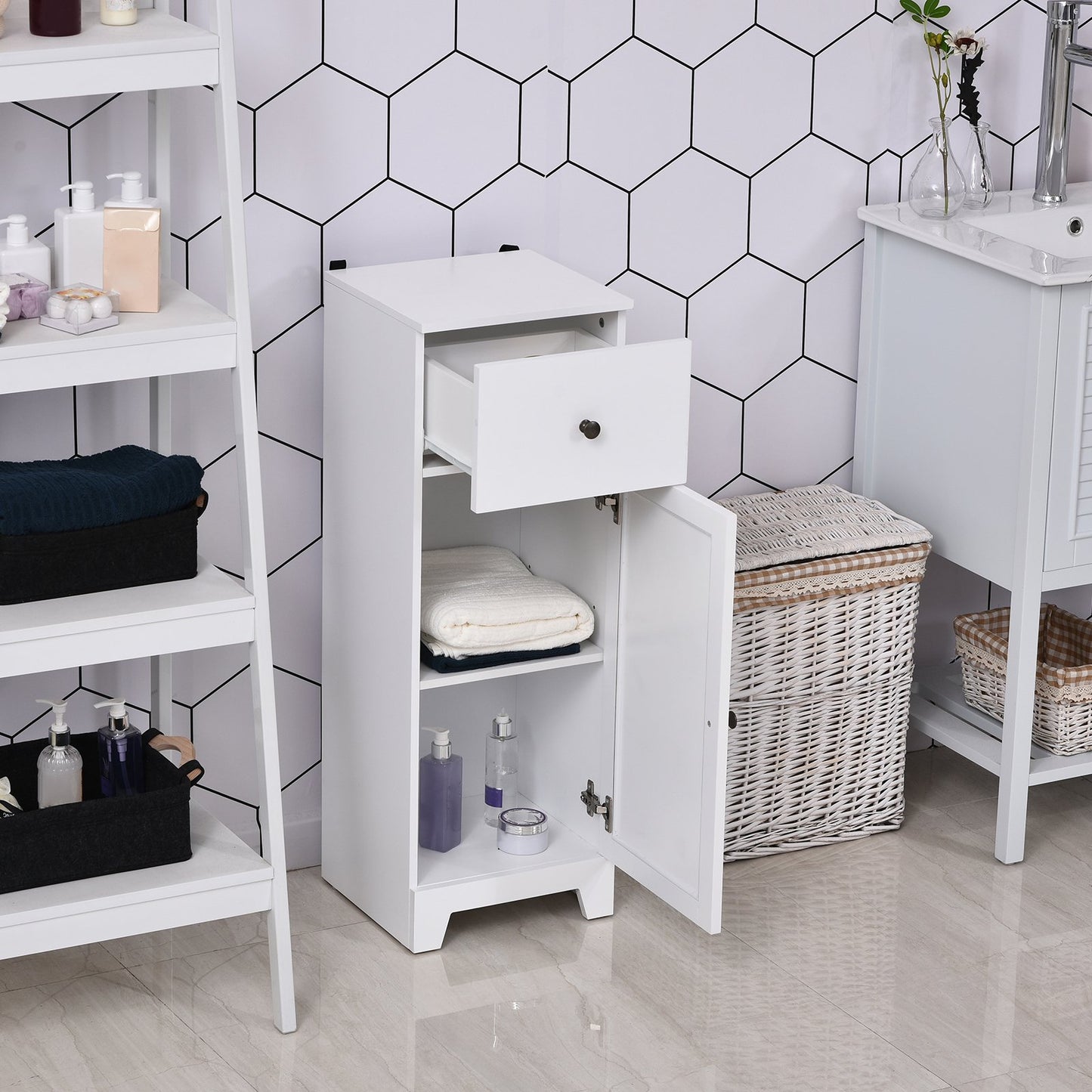 kleankin Small Bathroom Floor Storage Cabinet Free Standing Cupboard Organizer with 1 Drawer and Adjustable Shelf for Living Room, White