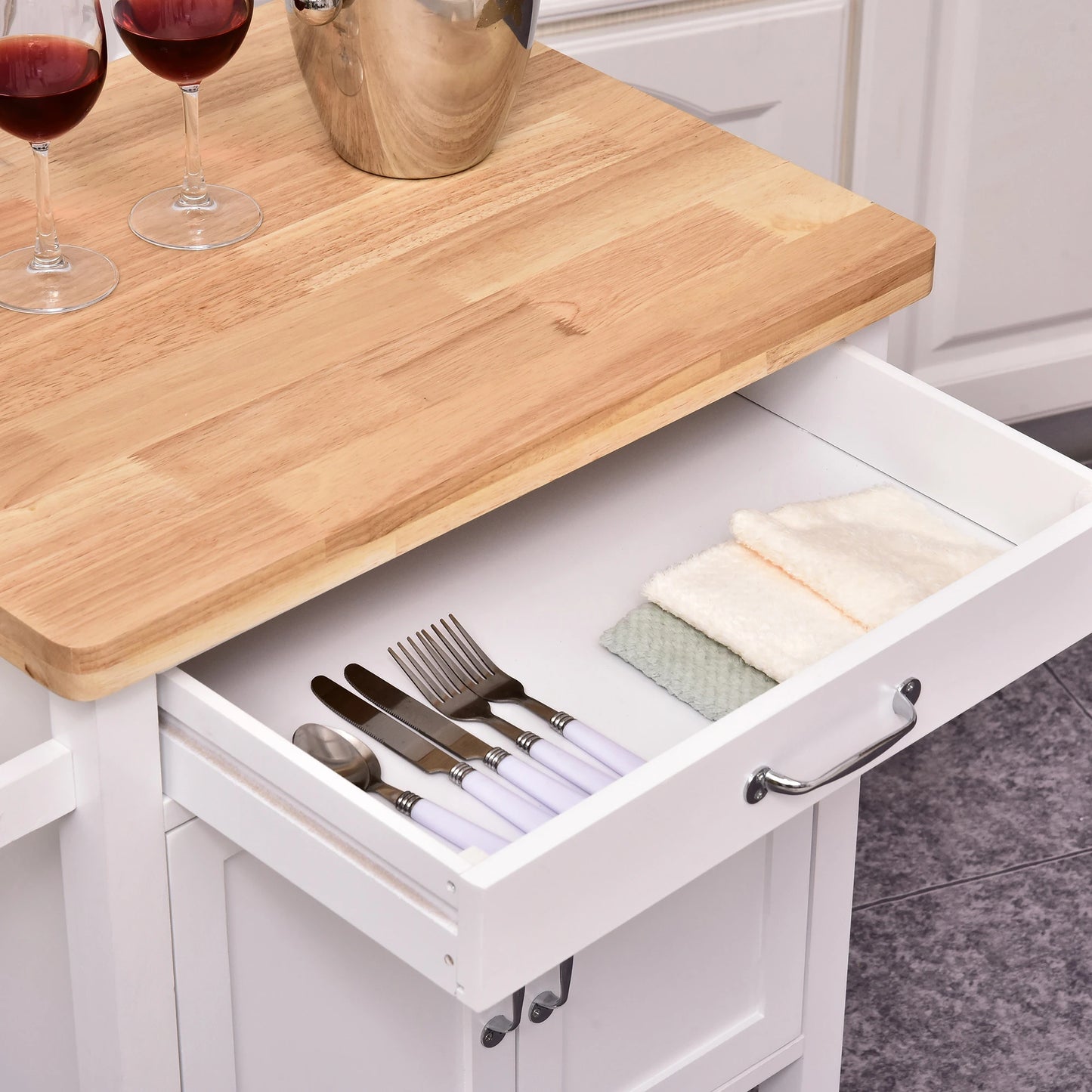 Kitchen Storage Cabinet Trolley Serving Cart Rubber Wood top Rolling Kitchen Island with Towel Rack and Drawer White