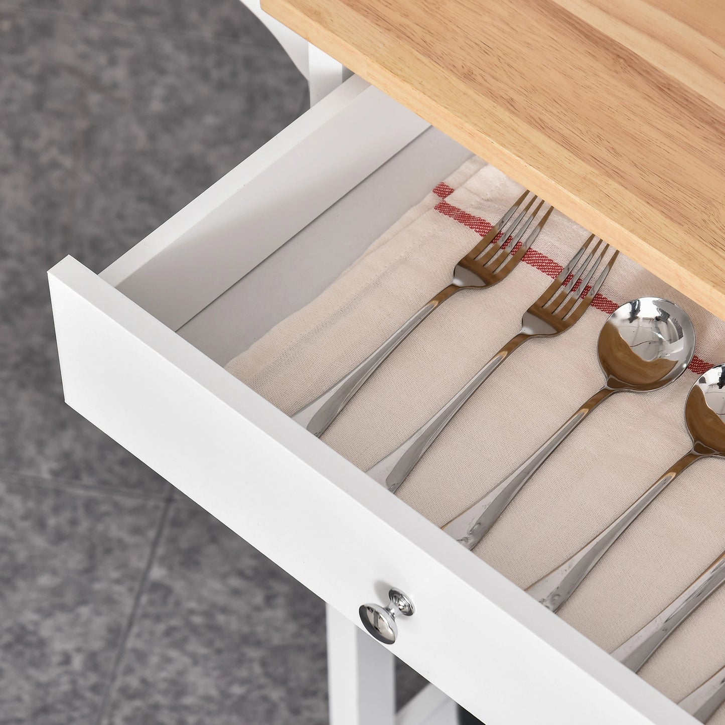 Kitchen Storage Trolley Cart Unit with Wood Top 3 Shelves Cupboard Drawer Rail 4 Wheels Handles Moving Shelf Handy Space saver, White