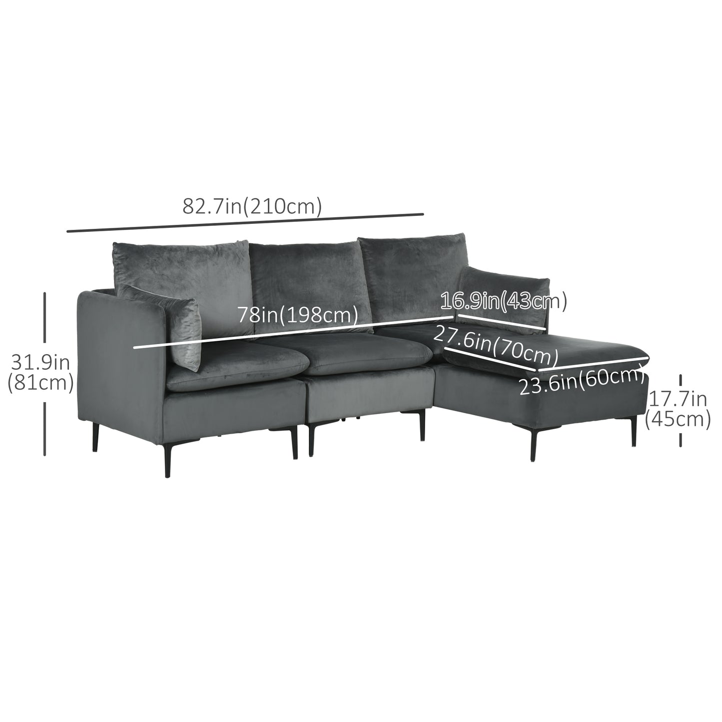 Convertible L-Shape Sectional Sofa Couch, with Reversible Ottoman. Apartment, Small Space, Gray