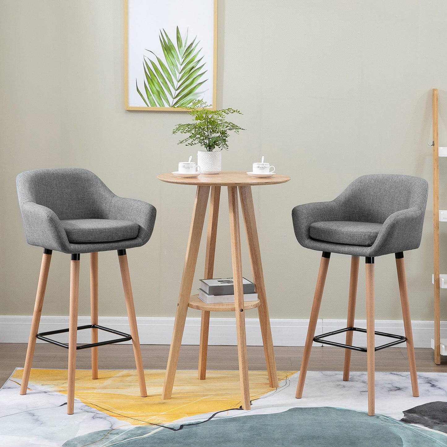 Modern Upholstered Fabric Seat Bar Stools Chairs Set of 2 with Metal Frame, Solid Wood Legs Living Room Dining Room Furniture Grey