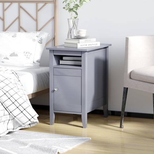 Wooden3-Tier Modern Nightstand with Pullout Shelf, Adjustable Open Shelf, and Door Cabinet, Grey