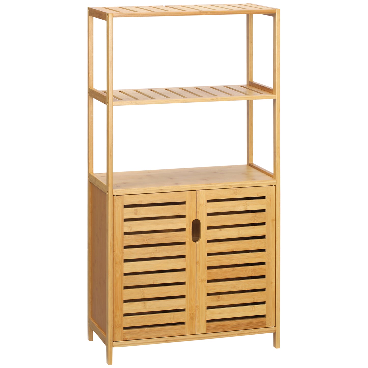 Bathroom Cabinet with 2 Open Shelves and Double-doors Cupboard, Bamboo Freestanding Linen Tower with Slatted Door, Natural