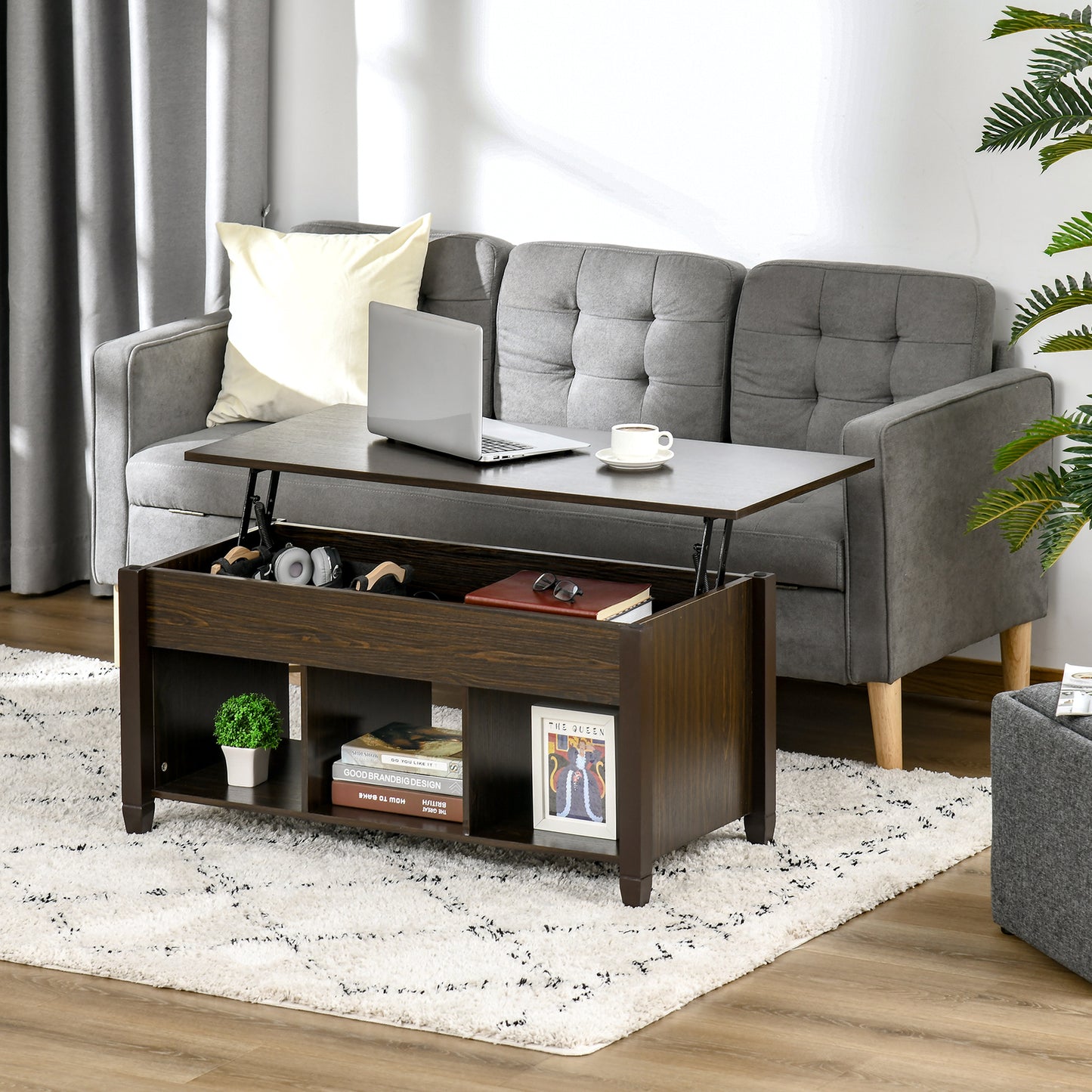 Lift Top Coffee Table with Hidden Storage Compartment and 3 Lower Shelves, Pop-Up Center Table for Living Room, Espresso