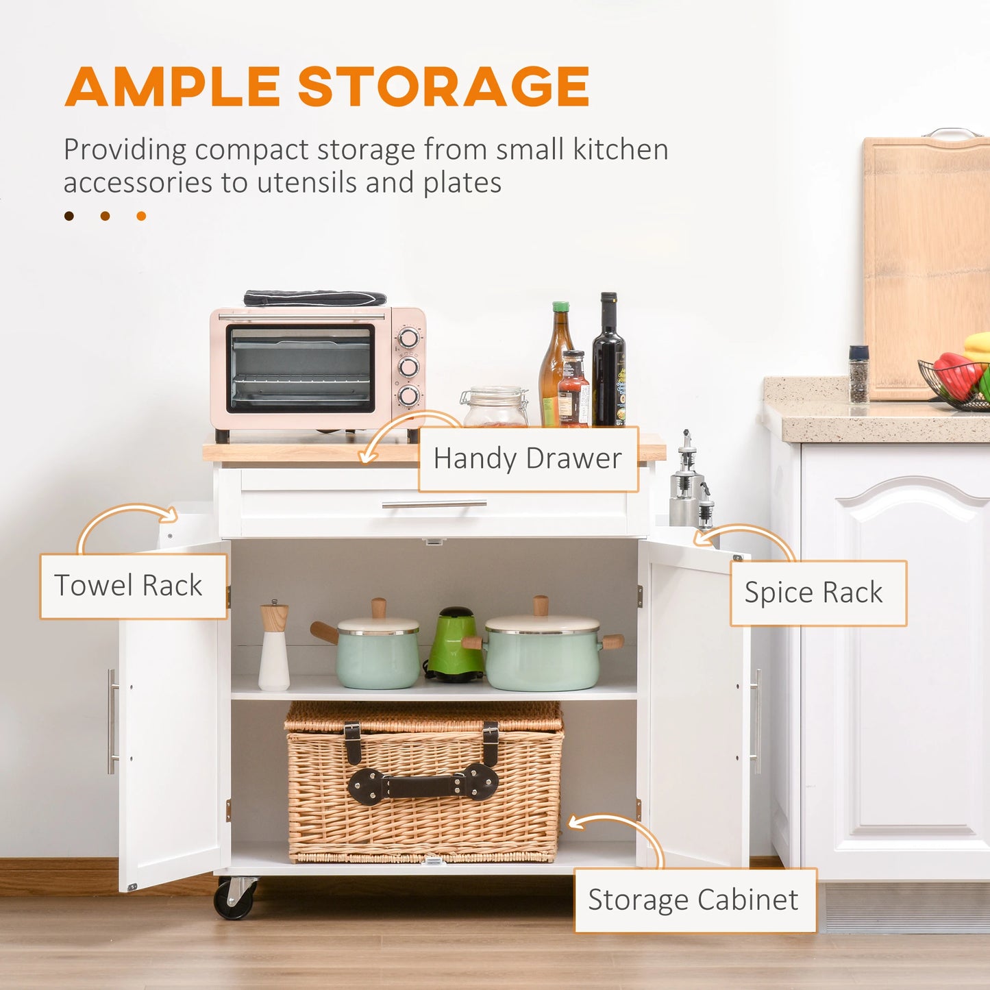 Kitchen Island with Storage, Rolling Cart Trolley with Rubberwood Top, Drawer, Spice Rack, Towel Rack, White