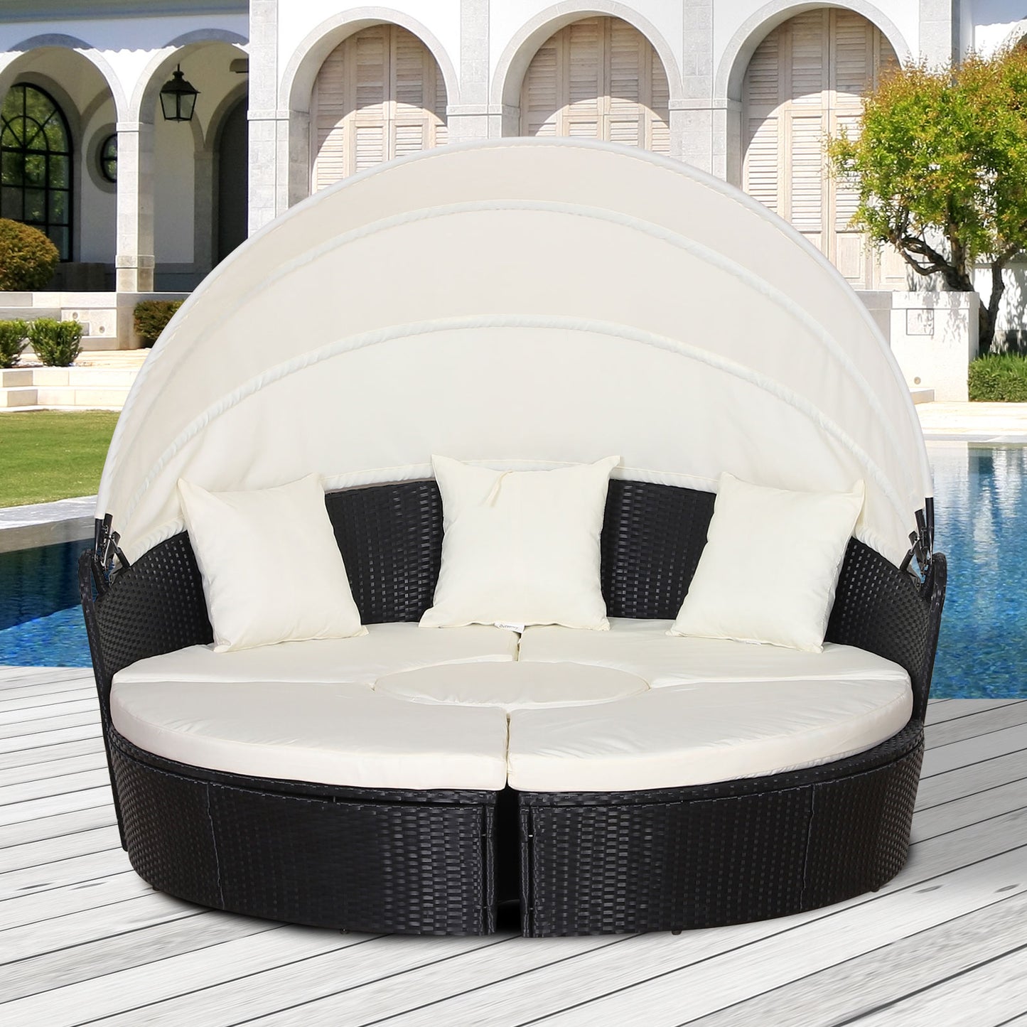 Outsunny 4 Pieces Outdoor Daybed, Patio Lounge Chair with Cushioned Round Sofa Bed, Sectional Patio Conversation Furniture Set with Canopy & Coffee Table, Black