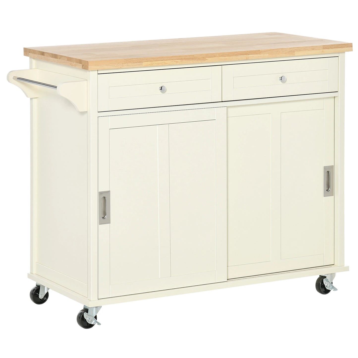 Rolling Kitchen Island Utility Trolley Storage Cart with Rubberwood Top, 2 Drawers, Towel Rack, Cream White