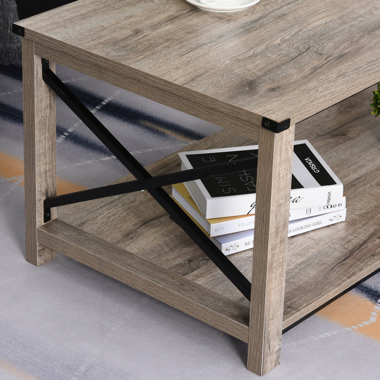 Industrial Coffee Table, Cocktail Table with Bottom Storage Shelf, Metal X-Bar for Living Room Bedroom