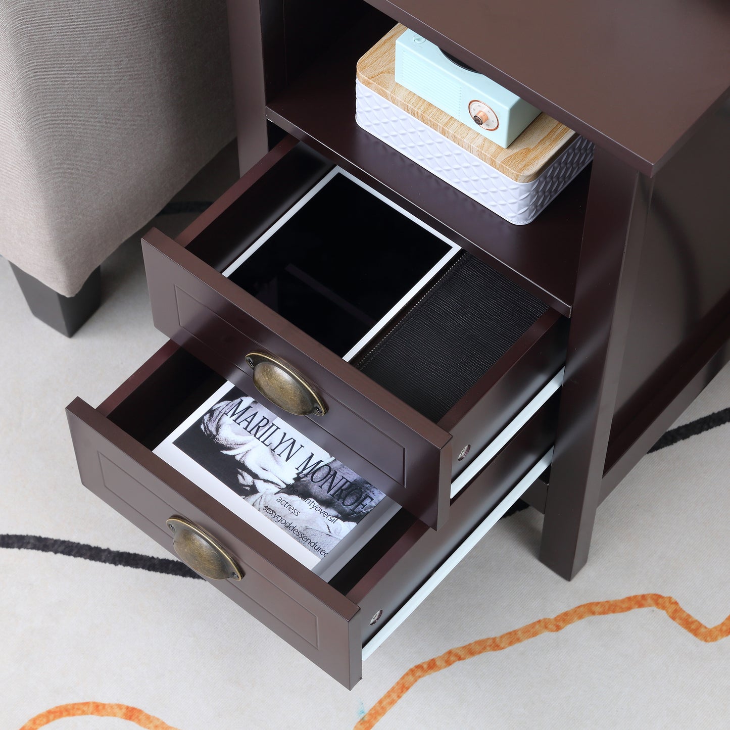 Modern End Table with 2 Drawers and Storage Shelf, Accent Sofa Side Table for Living Room, Coffee