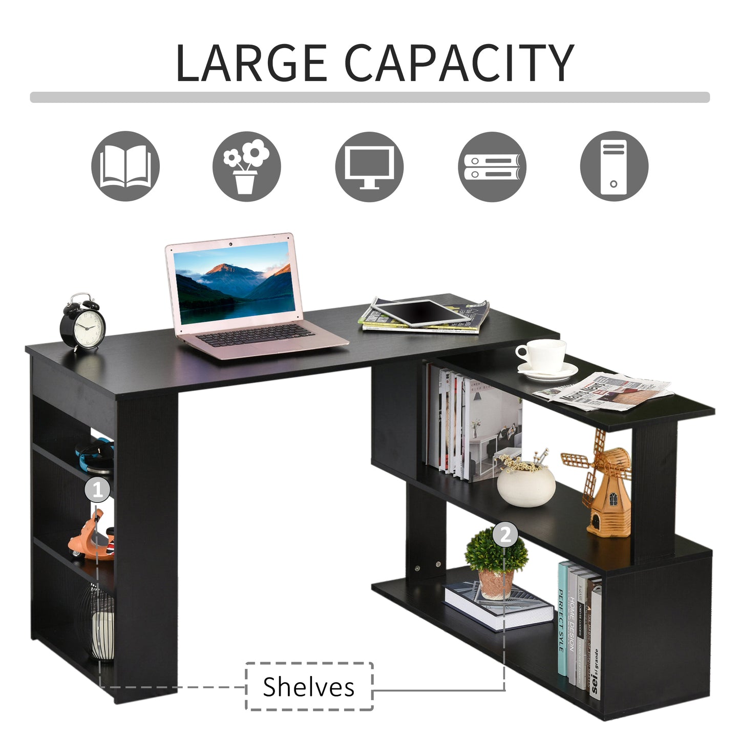 L Shaped Desk, 360° Rotating Corner Desk, Computer Writing Table Workstation with Storage Shelf for Home Office, Black