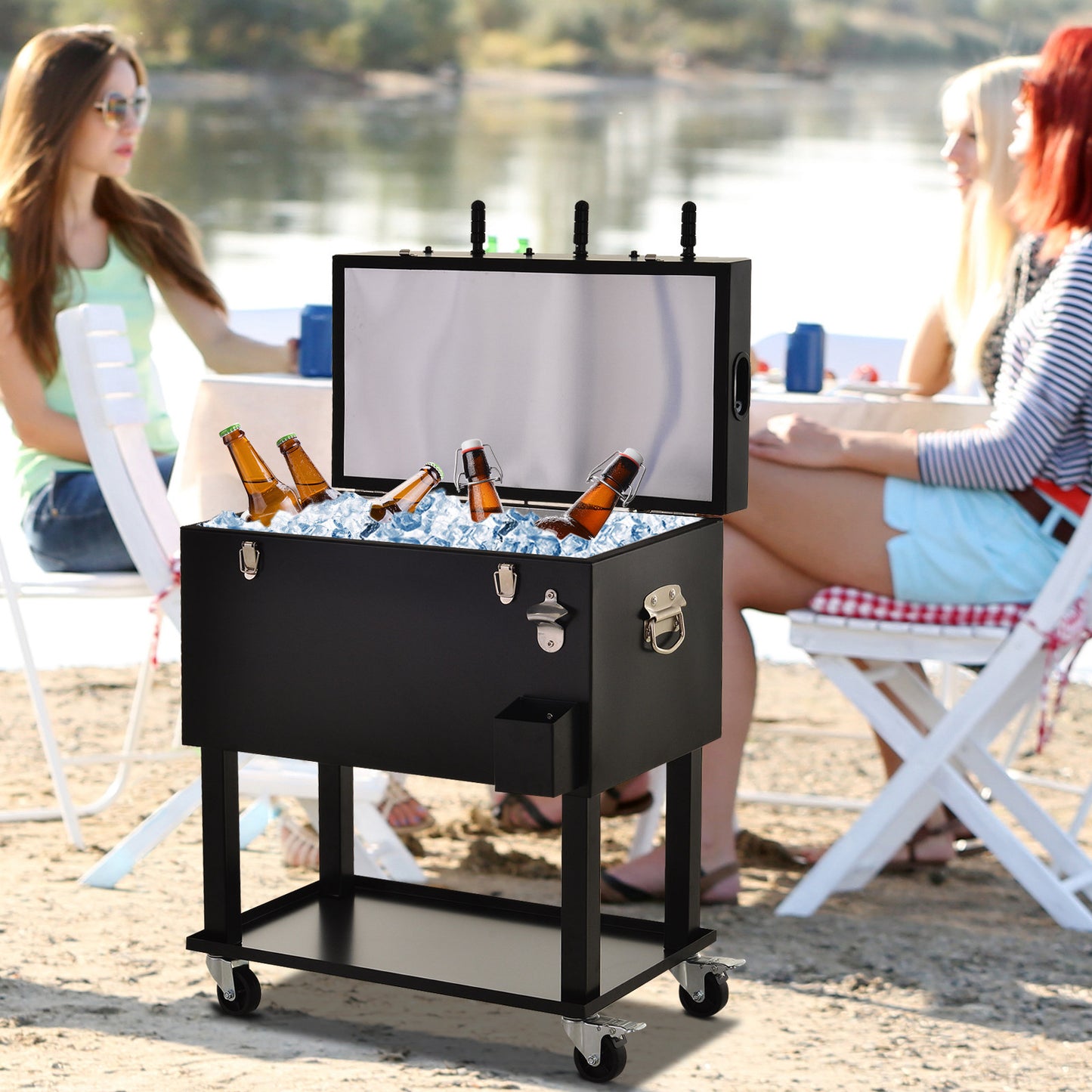 Outsunny 65L Patio Cooler Ice Chest with Foosball Table Top, Portable Poolside Party Bar Cold Drink Rolling Cart on Wheels with Tray Shelf Black