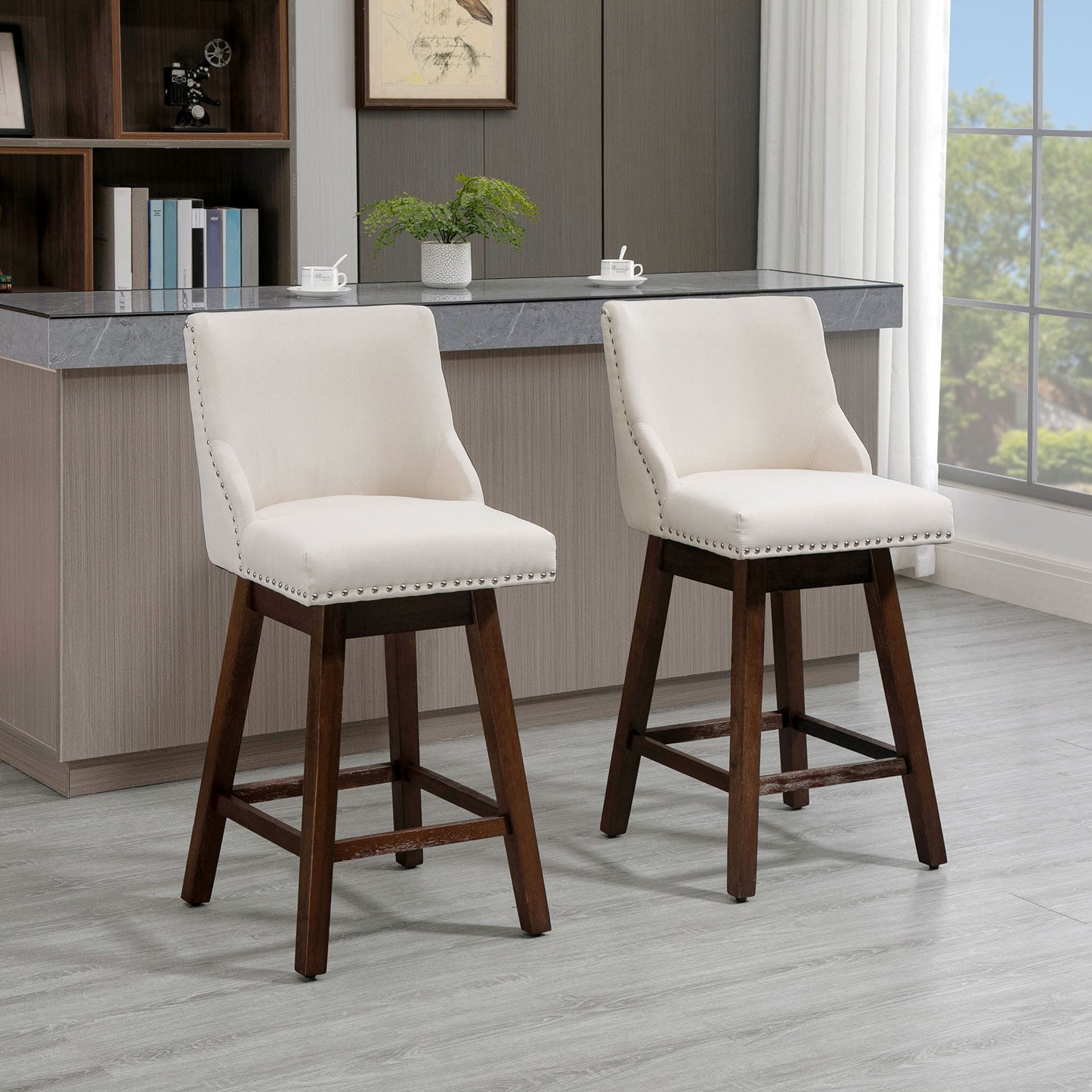 Swivel Bar stool Set of 2 Armless Upholstered Bar Chairs with Nailhead-Trim, Wood Legs, Cream White