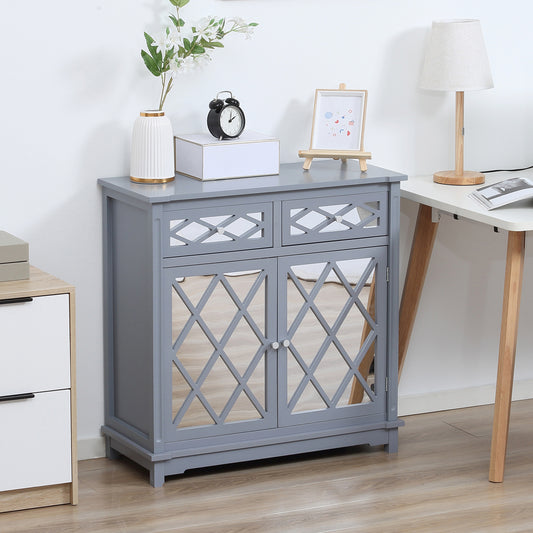 Floor Cabinet with Mirror Doors and 2 Drawers, Sideboard, Bathroom Storage Cabinet with Shelf for Living Room, Entryway, Grey