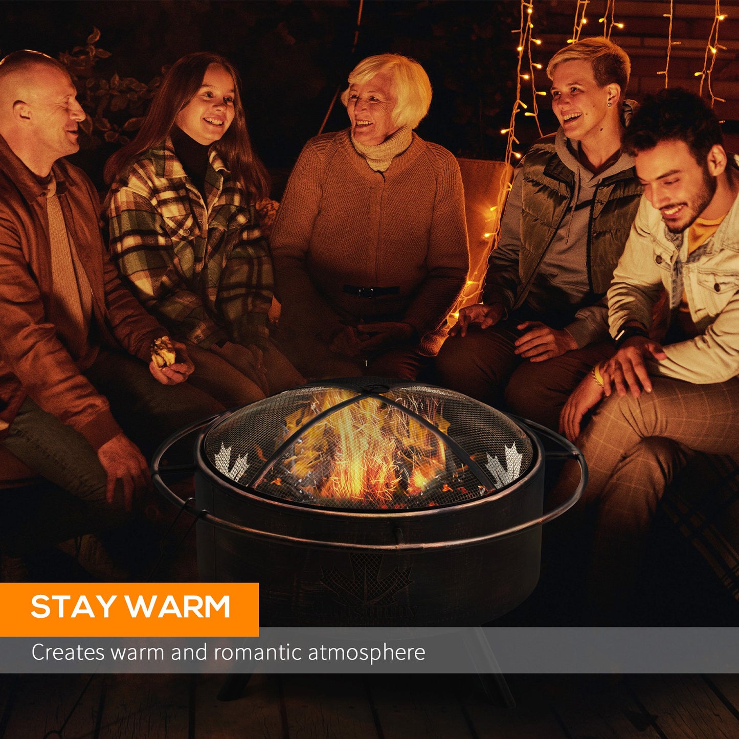 Outdoor Fire Pit with Screen Cover, Wood Burning Firebowl with Poker for Patio, Backyard, Black