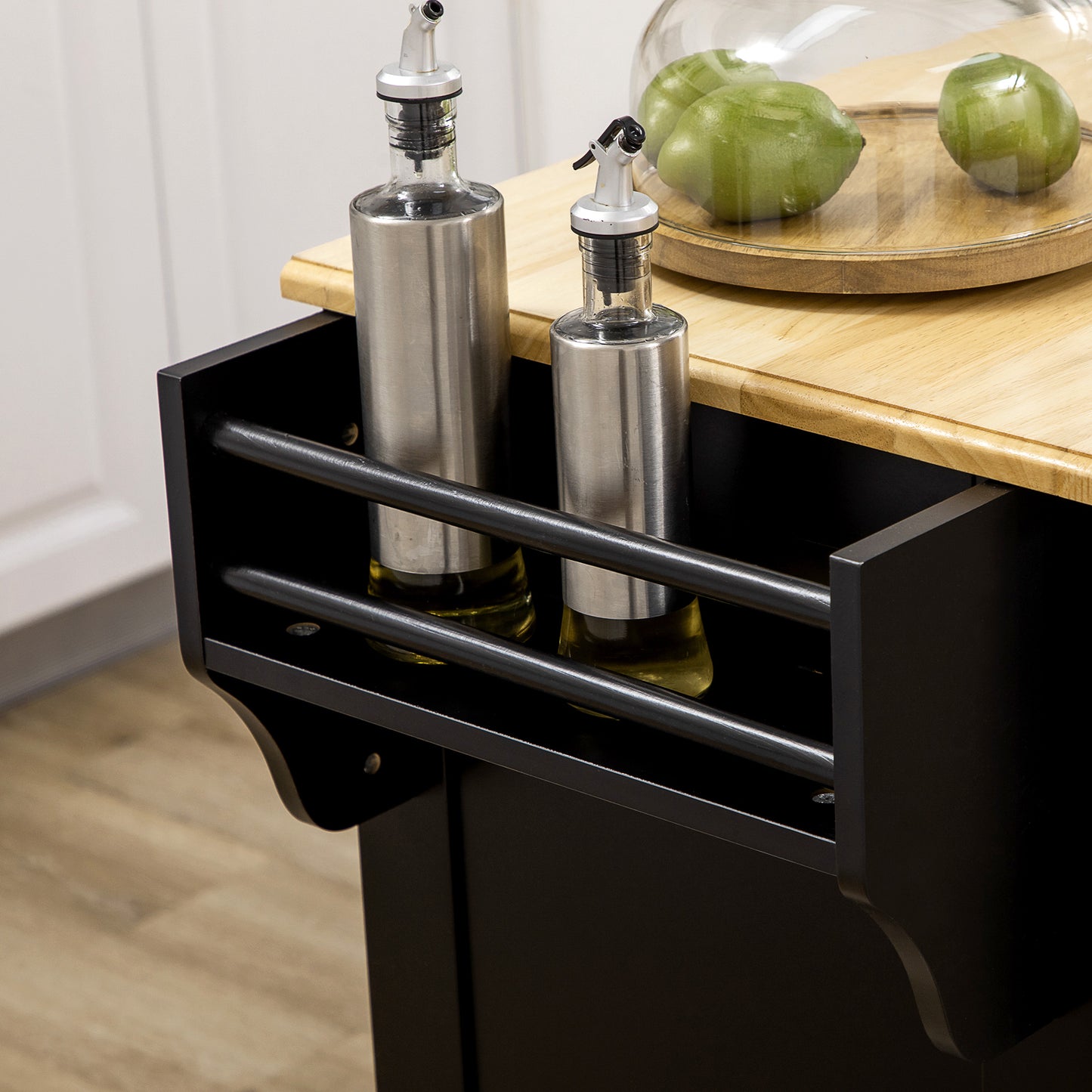 Kitchen Island with Storage Rolling Kitchen Serving Cart with Rubber Wood Top Towel Rack Storage Drawer Cabinet Black