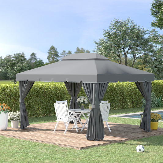 Outsunny 13' x 10' Patio Gazebo, Double Roof Outdoor Gazebo Canopy Shelter with Netting & Curtains, Strong Aluminum Frame, Dark Grey