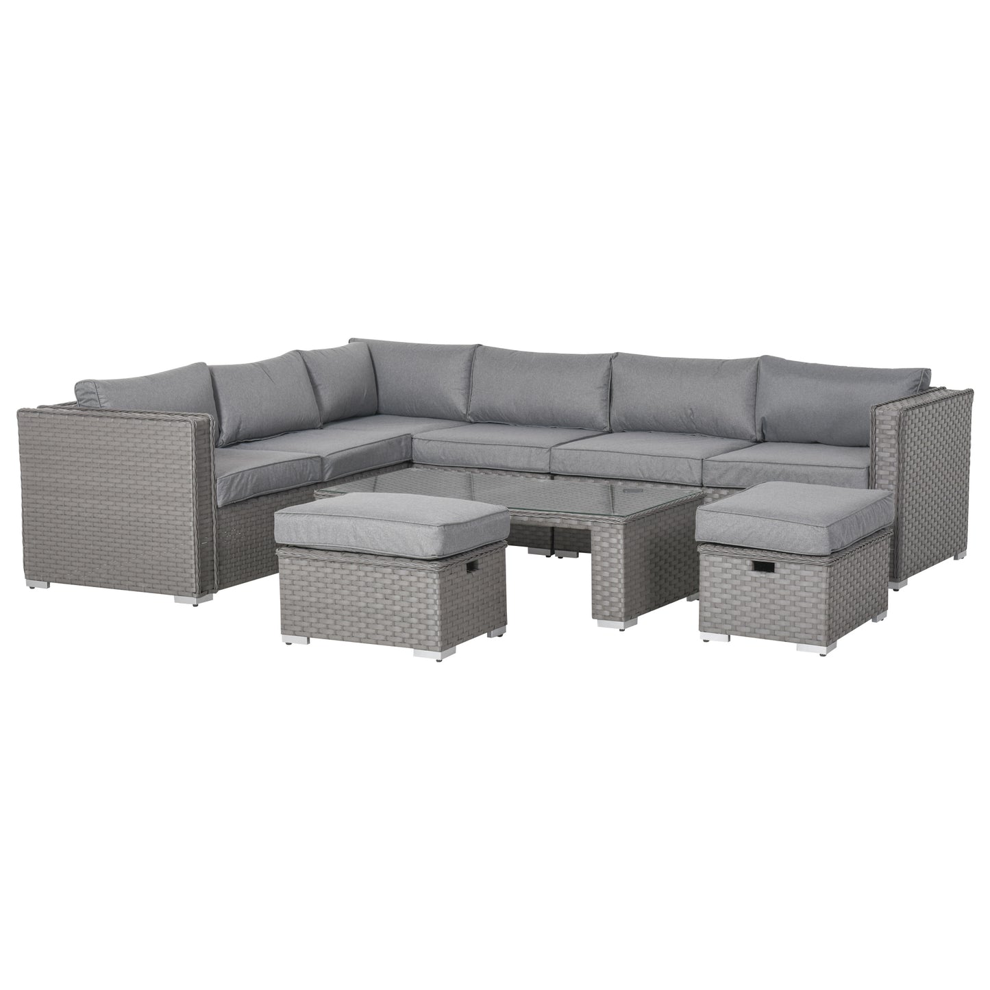 Outsunny 6 PCs PE Rattan Wicker Corner Sofa Set Outdoor Conservatory Furniture Lawn Patio Coffee Table Footstool w/ Cushion - Grey