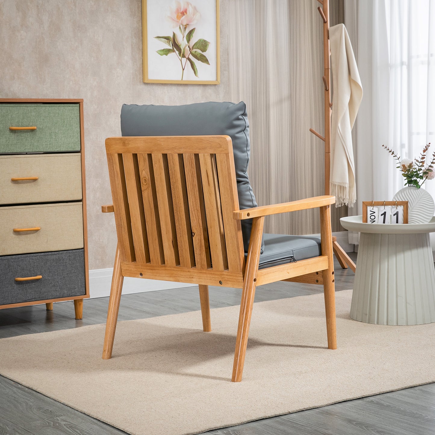 Armchair with Removable Seat and Back Cushion for Bedroom Living Room Chair with Faux Leather and Wood Legs Grey