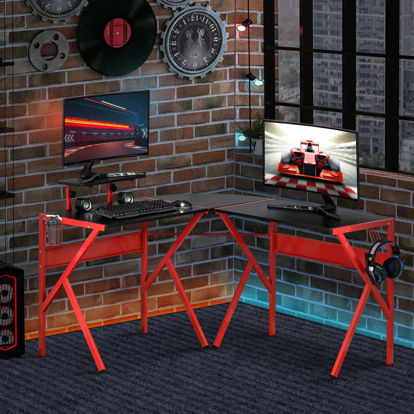 Gaming Desk, L-Shaped Corner Computer Table for Home Office, Workstations with Adjustable Monitor Stand Cup Holder Headphone Hook 49.25" x 49.25" x 29.5" Red