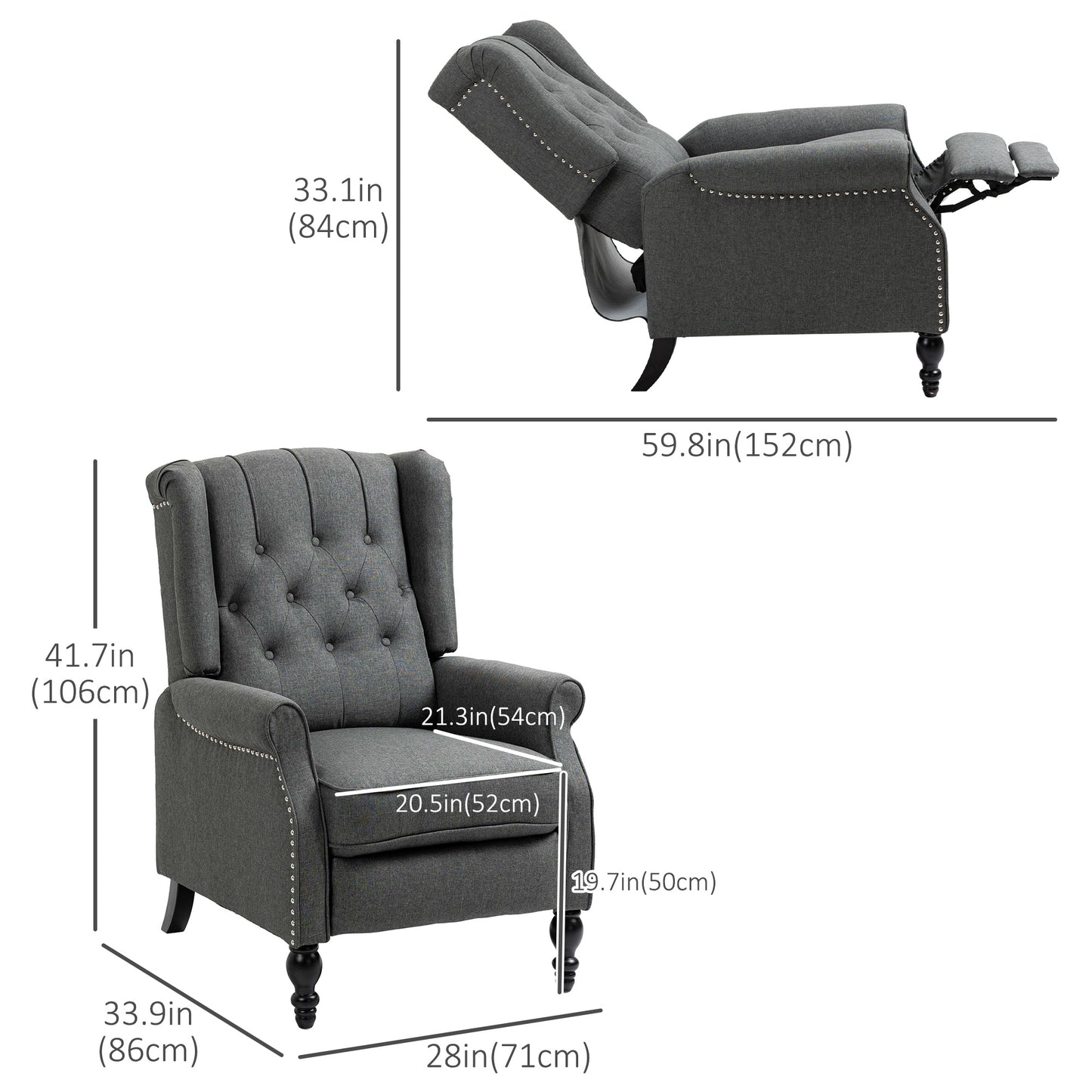 Manual Reclining Sofa, Fabric Push Back Recliner Chair with Button Tufted Backrest, Nail Head Trim, Armrest, Dark Gray